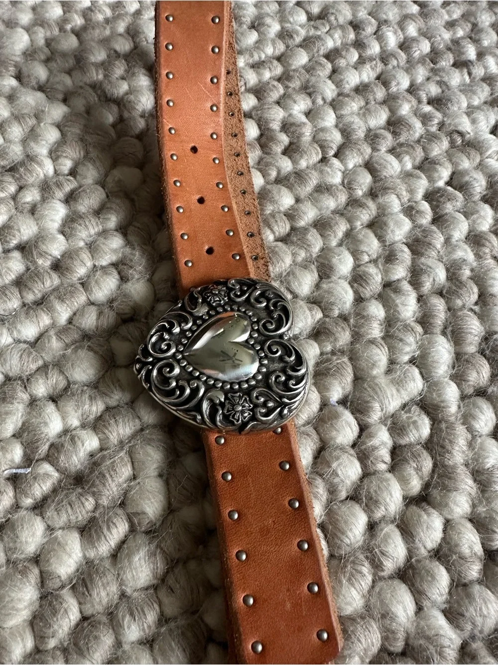 Vintage Guess Tan Leather Belt with Ornate Silver Heart Buckle
